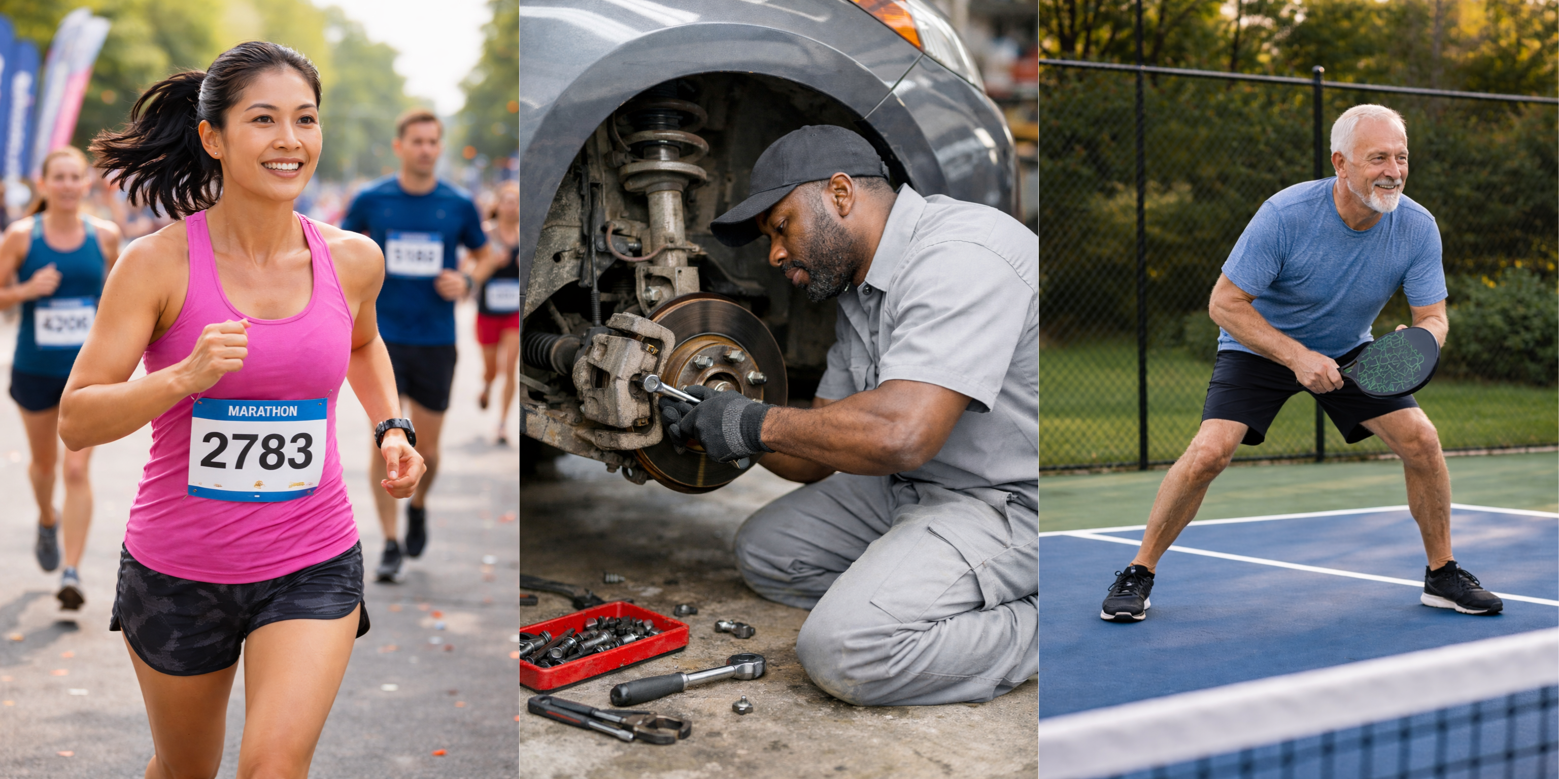Three different scenes: a woman running in a race, a man working on a car without a tire, and an older man playing pickleball.