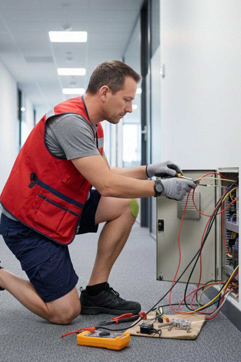 A person in a red vest working on an electronics panel in an office. The man is wearing a green skin patch on one of his knees.