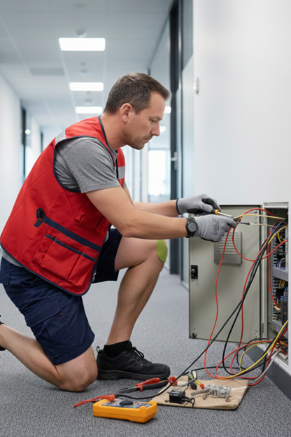 A person in a red vest working on an electronics panel in an office. The man is wearing a green skin patch on one of his knees.