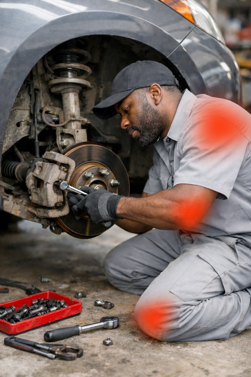 Mechanic working on a car brake system with tools around. Man's body has red highlights on elbow, knee, and shoulder.
