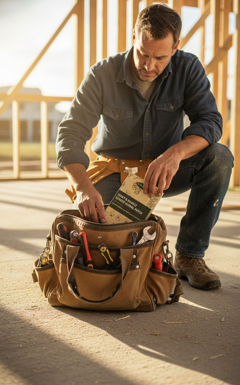 Man pulling out a box of skin patches from his brown tool bag on a construction site.