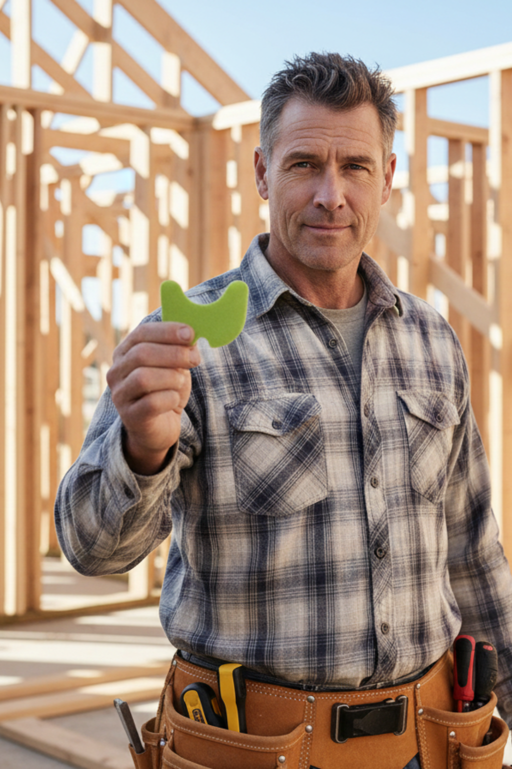 Man holding a green skin patch in a construction setting