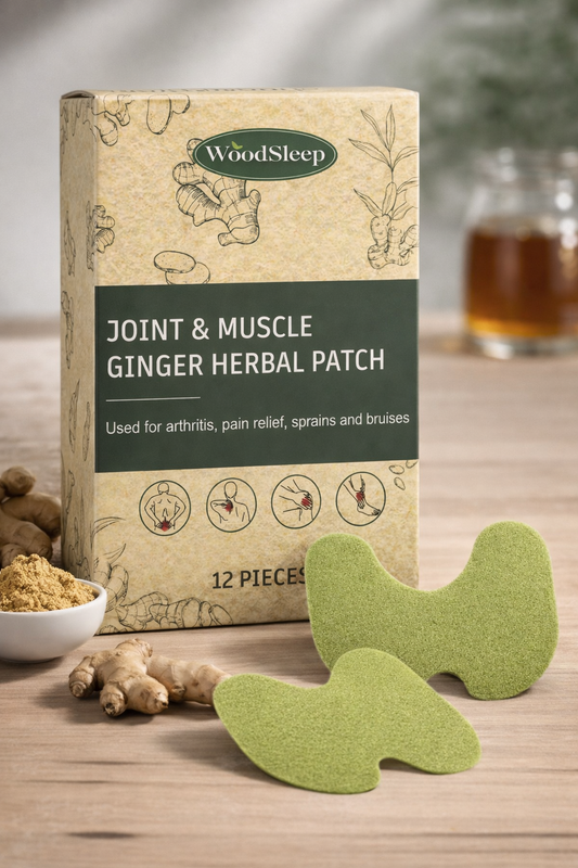 WoodSleep Joint & Muscle Ginger Herbal Patch packaging on a wooden surface with ginger root and a cup in the background. With skin patches in the foreground.